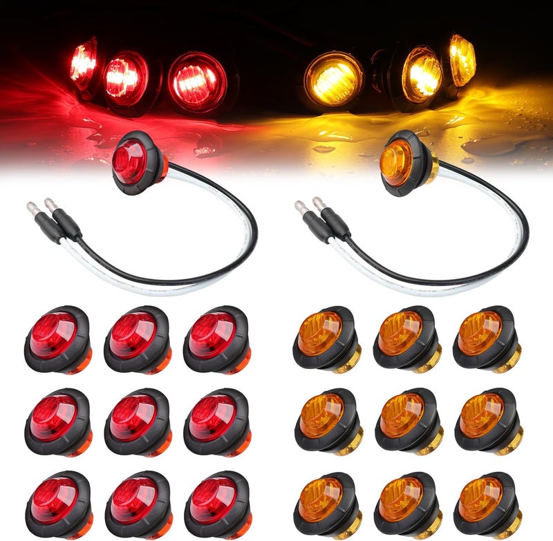 TMH 3/4 Inch LED Marker 10 Amber + 10 Red Light with Connector Plug Clearance Markers Side Marker Indicator Light Waterproof Universal Fits RV, Boat, Pickup Truck 12V DC (Pack of 20) - Image 1